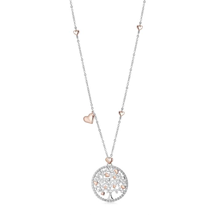 Collana Luca Barra Ck1177 Ciondolo Albero Della Vita In Acciaio Con Cuori Rose E Cristalli Bianchi